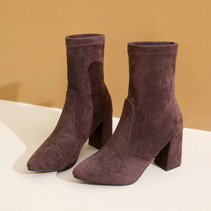 冬の新作チャンキーヒールのおしゃれなアンクルブーツ、レディー - No Show Sock Women のレビューと価格