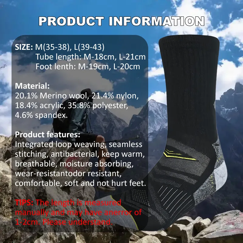 アウトドアハイキングメリノウールソックス男性女性用厚いテリー - Wool Hiking Sock のレビューと価格